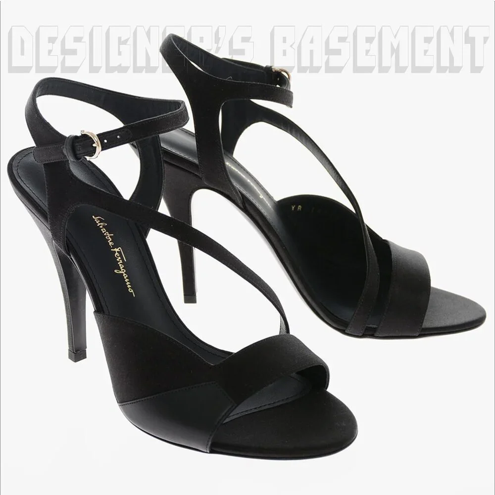 SALVATORE FERRAGAMO Black leather & satin 7.5 OLGA Slingback Heel Sandals NIB - Picture 1 of 8